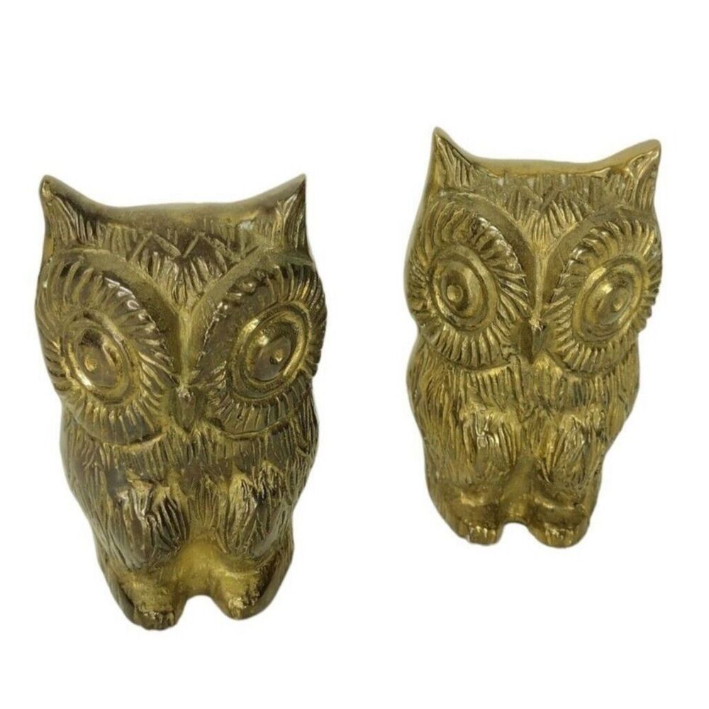 Vintage MCM Brass Set of Two Horned Night Owl Bookends Gold Figurines
